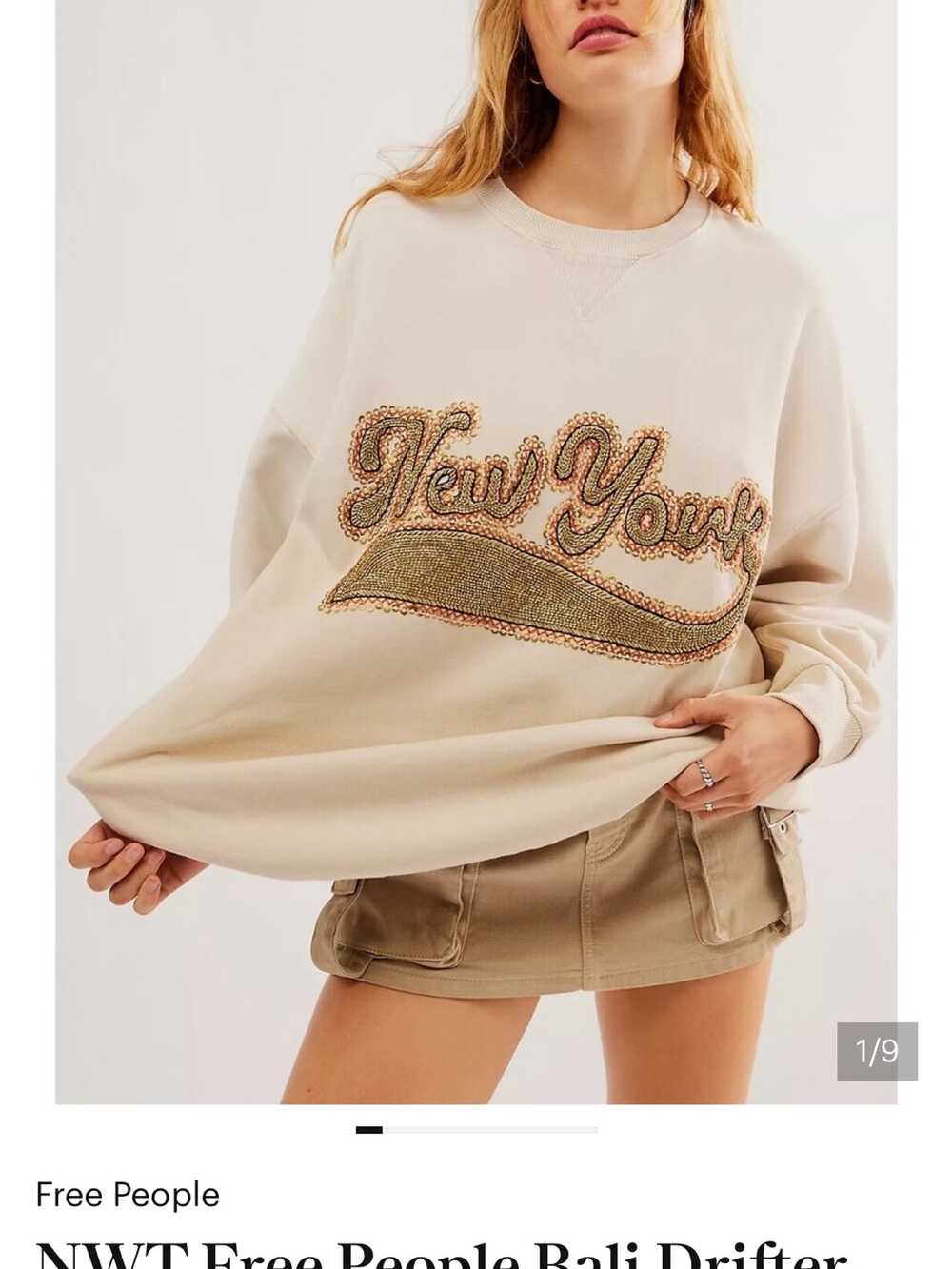 Free People Cream Embellished 'New York' Crewneck Sweatshirt